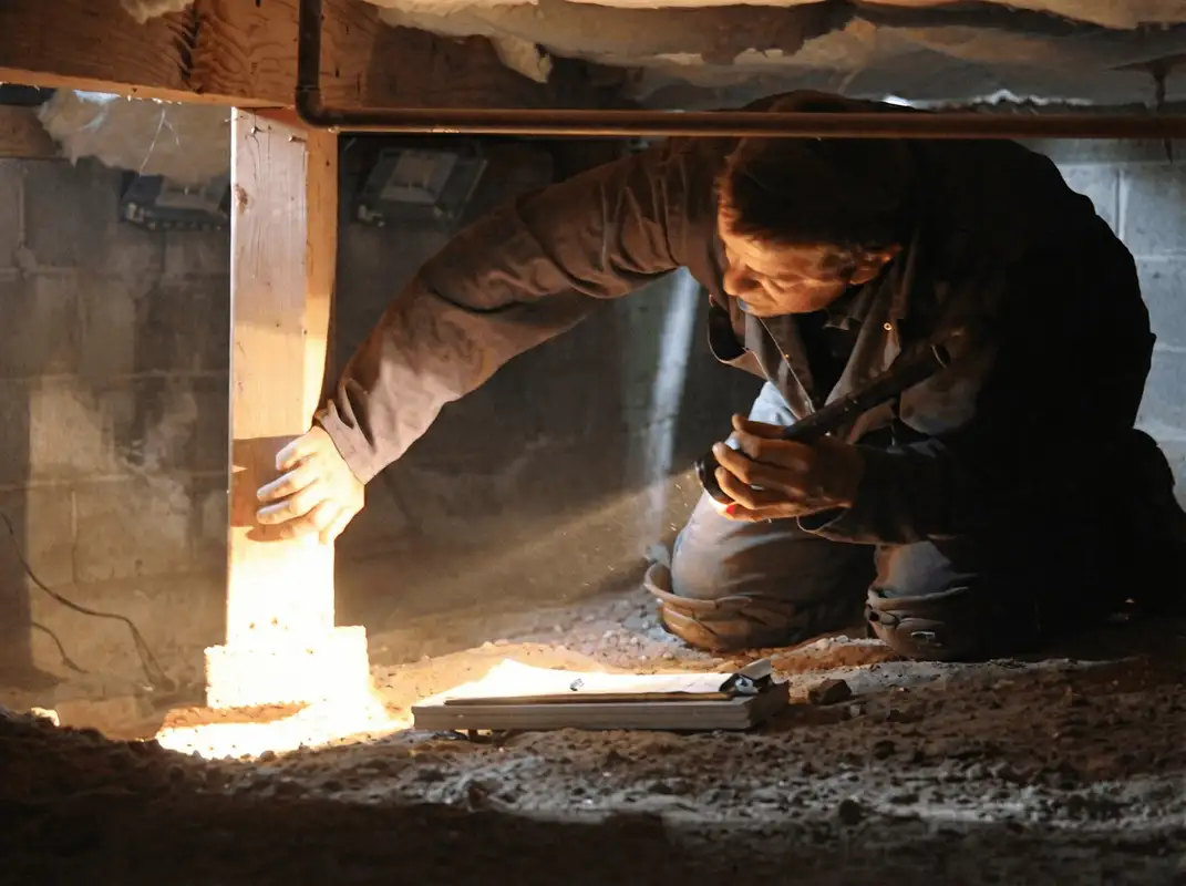 A professional inspecting wooden beams under the floor of a structure in Tucson, AZ