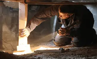 A professional inspecting wooden beams under the floor of a structure in Tucson, AZ